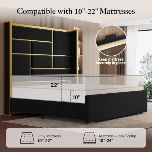 Queen Bed Frame with Gold Trim Headboard, 66.9" Tall Bed - Image 6