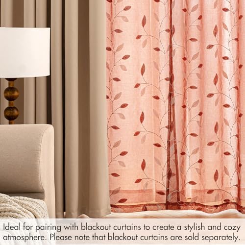 MIULEE Terracotta Sheer Fall Curtains 2 Panels Leaf Patterned, W52 x L63 - Image 7