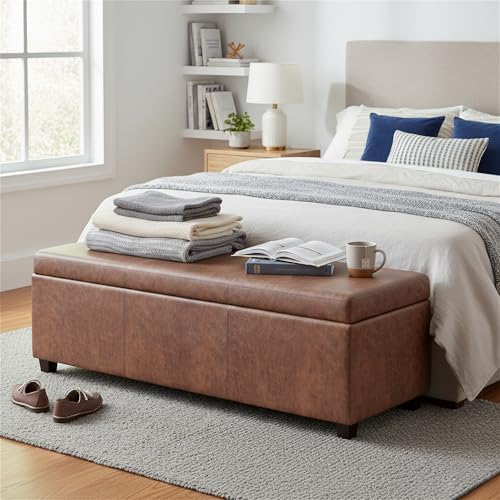 SIMPLIHOME Avalon 54" Vegan Leather Ottoman in Distressed Pecan Brown - Image 2