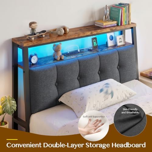 Homkdom Twin Bed Frame with Upholstered Headboard & Charging Station - Image 3