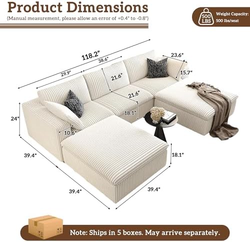 118" Cloud Couch Modular Sectional Sofa, Boneless U-Shaped Deep Seat Couch - Image 2