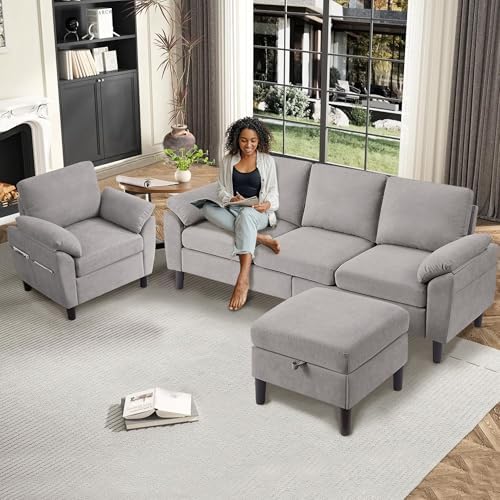 3 Piece Convertible Sectional Sofa Set, Modern Linen Small L Shaped Couch - Image 3