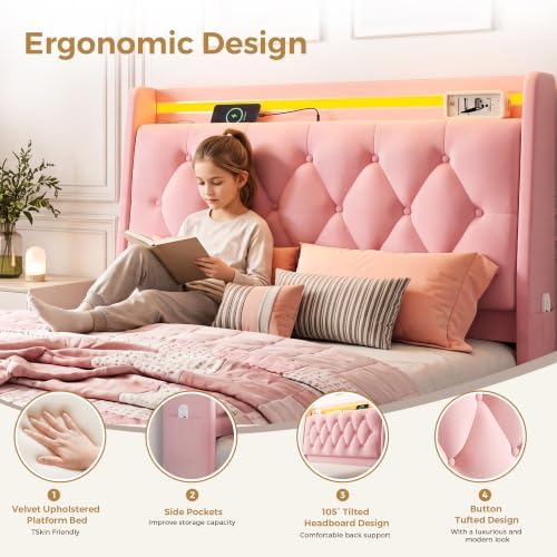 Jocoevol Twin LED Velvet Bed Frame - Image 6