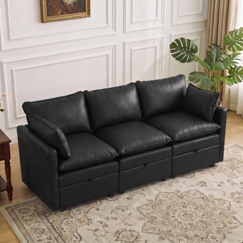 80" Black Faux Leather Storage 3 Seater Sofa, Modular Sectional Cloud Sofa by Abbrevi