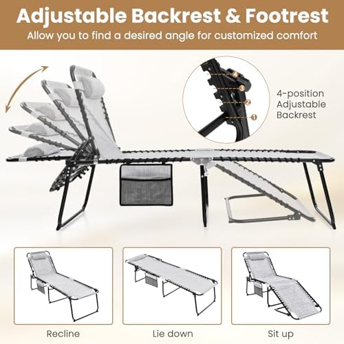 GYMAX Lounge Chairs for Outside, Extra High Folding Beach Tanning Lounger - Image 4