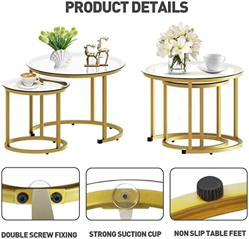aboxoo Gold Nesting Coffee Table Set of 2, Small Glass Round Nesting Tables - Image 4