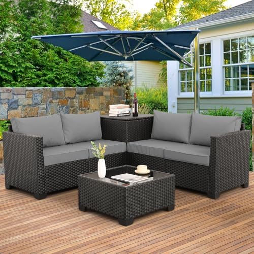 WAROOM Patio Furniture Set 4 Piece Conversation Sets Black Rattan Outdoor Couch by WAROOM
