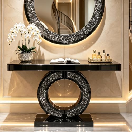 Black Mirrored Console Table, 42.9" Rectangle Sofa Table by Unknown