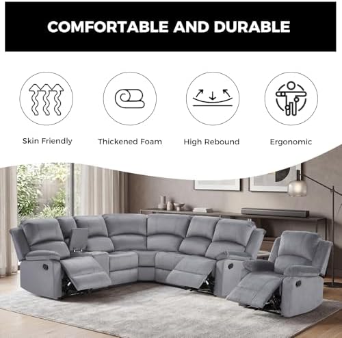 EBELLO Manual Reclining L-Shaped Sectional Sofa Set, Included Soft Microfiber - Image 5
