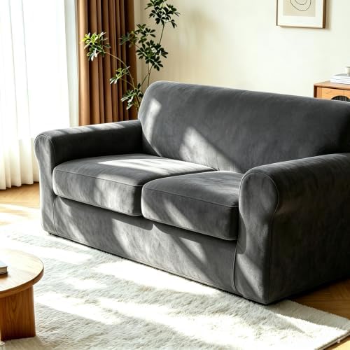 Luxury Velvet Sofa Covers for 2 Cushion Couch, Dark Grey by HOMECOVER
