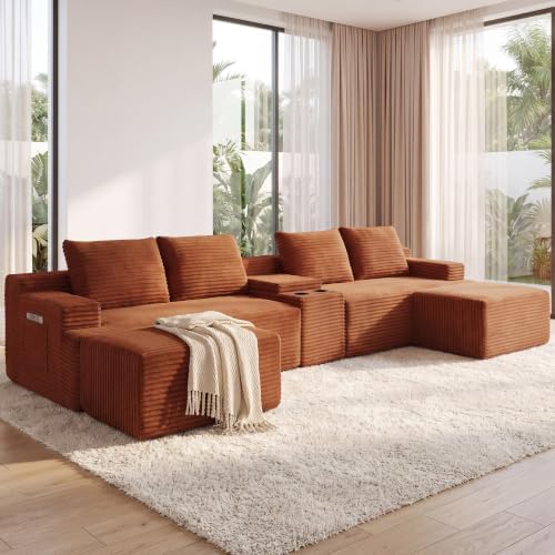 141" Oversized U Shaped Cloud Sectional Boneless Corduroy Sofa Couch Orange by Easilive