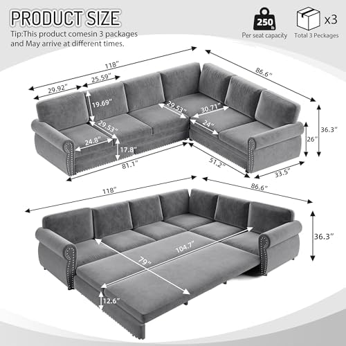 118" Chenille L-Shaped Pull-Out Sectional Vintage Sleeper Sofa, Light Grey - Image 2