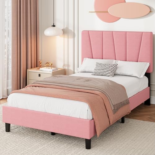 Twin Size Platform Bed Frame for Kids, Linen Upholstered Headboard & Wooden by IDEALHOUSE