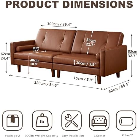 86.6" Mid Century Modern Leather Sofa - Image 2