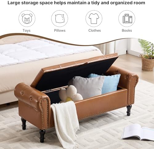 Storage Bench for Bedroom, Faux Leather Queen Size Benches - Image 4