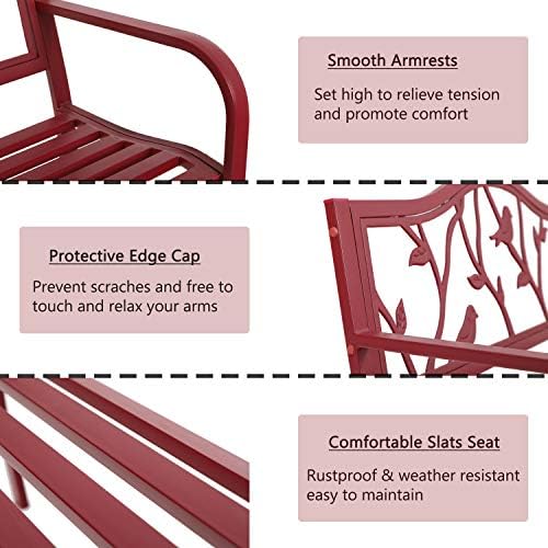 MFSTUDIO 50” Outdoor Garden Bench Cast Iron Metal Bird Pattern Backrest Red - Image 3