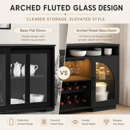 54" Coffee Bar Cabinet with Storage, LED Lights and Arched Glass Doors - Image 5