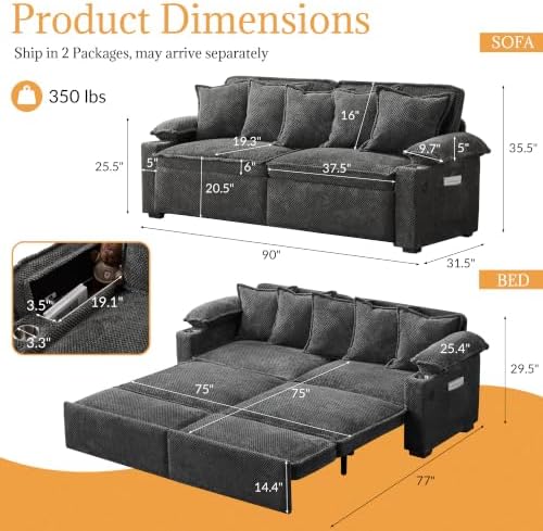 SUNWAVE 90" Sleeper Sofa, 3-in-1 Pull Out Sofa Bed Corduroy Couch Bed - Image 2
