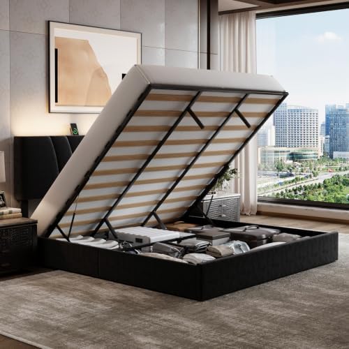 Novilla King Lift Up Storage Bed Frame/Charging Station/LED Light by Novilla