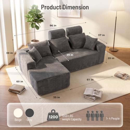 96" Boneless Couch, High Back Support L Shaped Oversized Living Room Sofa - Image 2