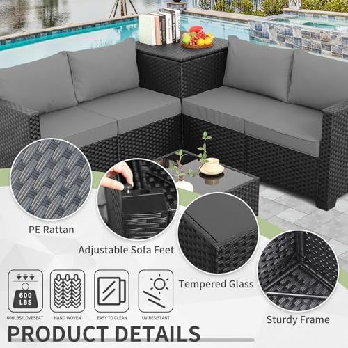 WAROOM Patio Furniture Set 4 Piece Conversation Sets Black Rattan Outdoor Couch - Image 3