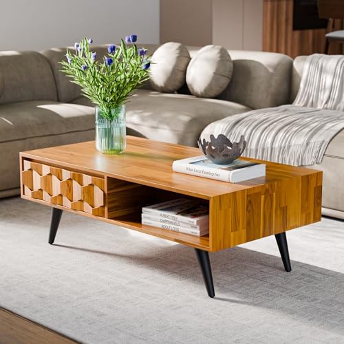 Bme Georgina Solid Wood Coffee Table, 2 Drawers & Open Shelves, Teak Brown by Bme
