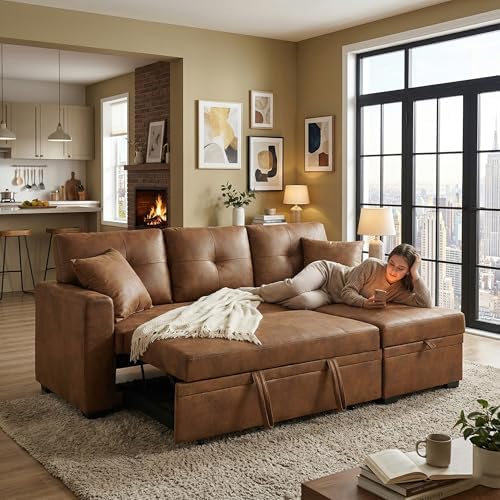 L Shaped Sectional Couch with Storage and Pull Out Bed, 3 Seater Sleeper Sofas by LITVZ