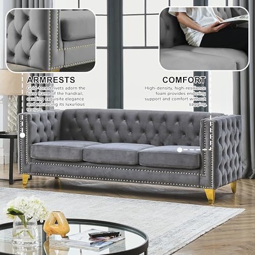 2 Piece 81" 3-Seater + 58" Loveseat Velvet Sofa Set, Buttons Tufted and Square - Image 4