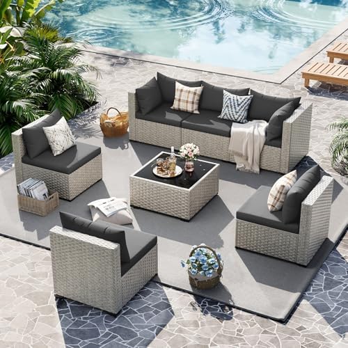 UDPATIO Outdoor Patio Furniture Set 7 Pcs Wicker Sectional Sofa Black - Image 6