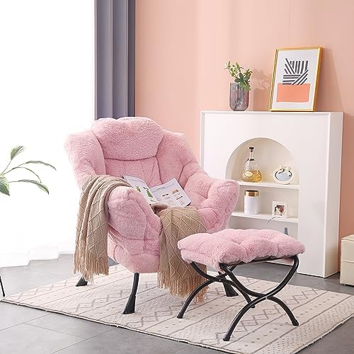 Modern Lazy Chair with Ottoman, Comfy Accent Reading Chair, Plush Pink - Image 5