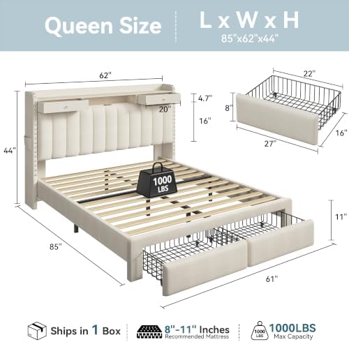 FreeHouse Queen Bed Frame with 2-Tier Storage Headboard & 4 Drawers - Image 2