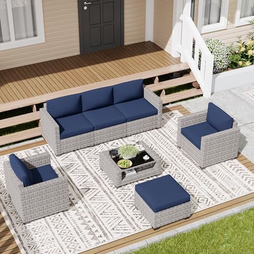 LOUVIXA 7 Piece Outdoor Patio Furniture Set, Rattan Chairs Glass Table Wicker - Image 5
