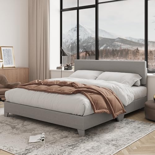 Allewie Full Size Upholstered Bed Frame Adjustable Headboard, Light Grey - Image 3