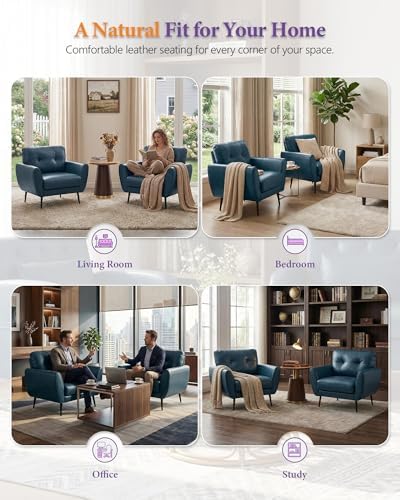 Blue Leather Accent Chair, Tufted Reading Armchair - Image 5