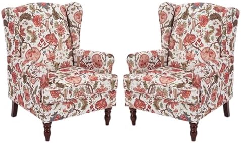 Mid Century Wingback Accent Chairs Set of 2 Floral Red - Image 3