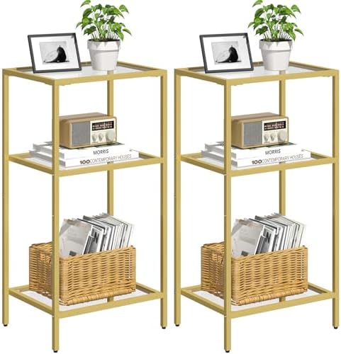 Gold Side Tables Set of 2, Tempered Glass End Table by Draelibor