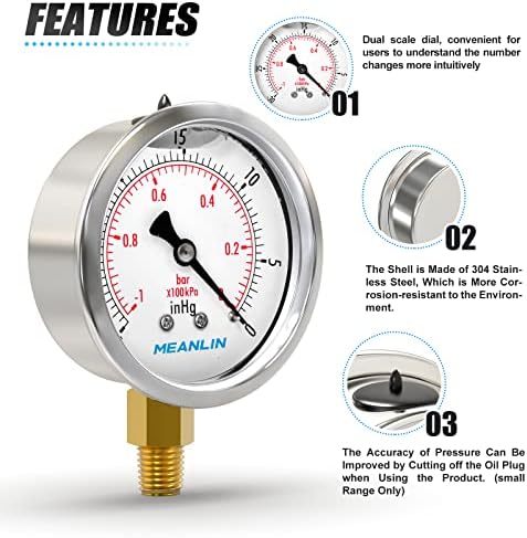 MEANLIN MEASURE -30inHG~0Psi Stainless Steel 1/8" NPT 2.5" FACE DIAL Vacuum - Image 5