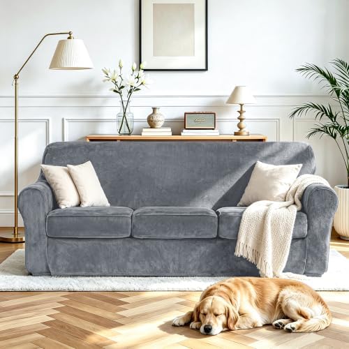 Luxury Velvet Sofa Covers for 3 Cushion Couch, Light Grey - Image 2