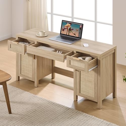 SICOTAS Rattan Vanity Table Wooden Vanity Desk - Image 6