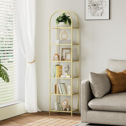 Homhedy 6-Tier Tall Gold Bookshelf, Arched Bookcase by Homhedy