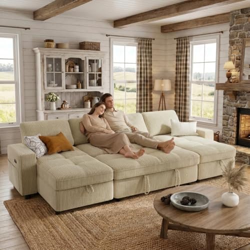WEUP 105" Sectional Sofa with Pull Out Bed, U Shaped 4 Seat Sleeper Sofa with 2 by Unknown