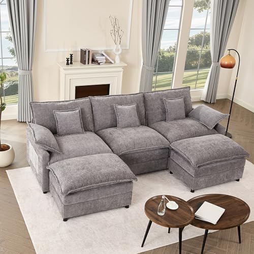 GOSUHI 108" U-Shaped Modular Cloud Couch, Deep Seat, Chenille Slate by GOSUHI