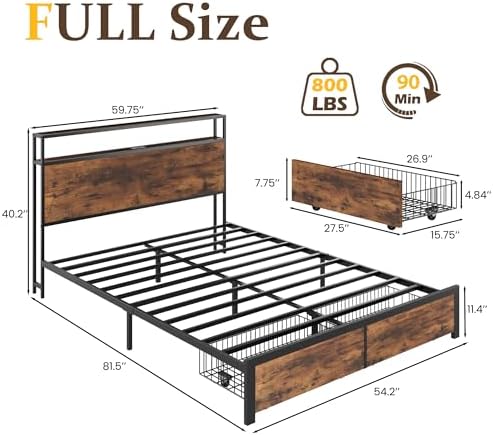 Full Bed Frame with Charging Station, LED Lights, 2 Drawers, Rustic Brown - Image 2