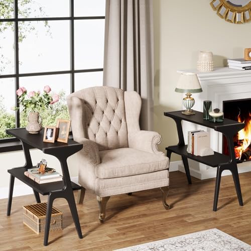 Tribesigns Set of 2 Solid Wood End Table, 2-Tier Modern Black End Table by Tribesigns