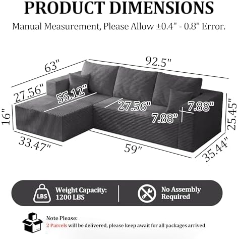 92.5" Modualr Sectional Sofa, L-Shaped Corduroy Cloud Couch - Image 2