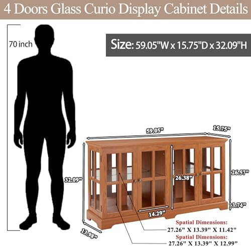 59" Glass Curio Display Storage Cabinet, 4 Doors LED Light Multipurpose - Image 2