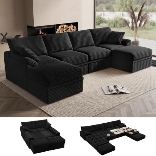 142" Boneless Couch with Storage, 48.6" Extra Deep-High Seat Modular Sectional by LOOFRA