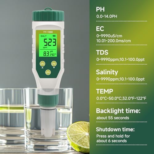 PH Meter & TDS Meter 5 in 1 Water Tester pH/TDS/EC/Salt/Temp Meter, PH Meter - Image 3