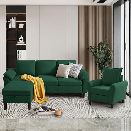 Convertible Sectional Sofa Set, Linen Upholstered 3 Seat Sofa and 35" Accent by Portaforta