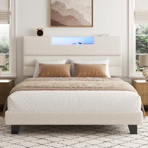 Full Bed Frame with Charging, LED Boucle Platform Bed by VIPLOV